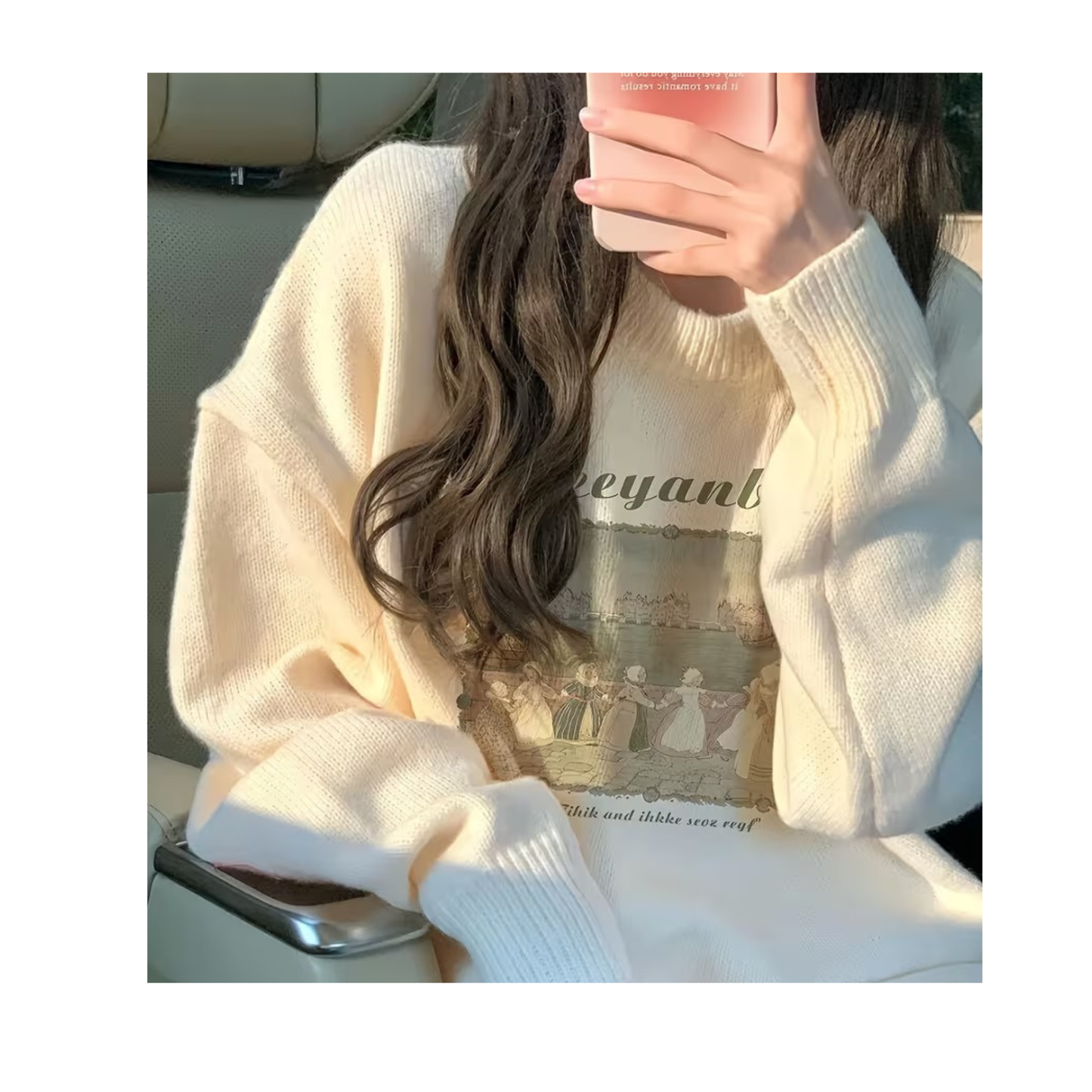 Women's Cute Cartoon Print Sweater - Soft Round Neck Long Sleeve Ribbed Trim Top, Medium Stretch Spring/Fall Casual Wear, Hand Wash/Dry Clean, Cute Sweaters, Spring Fall Apparel, Playful Design, Comfortable Fit