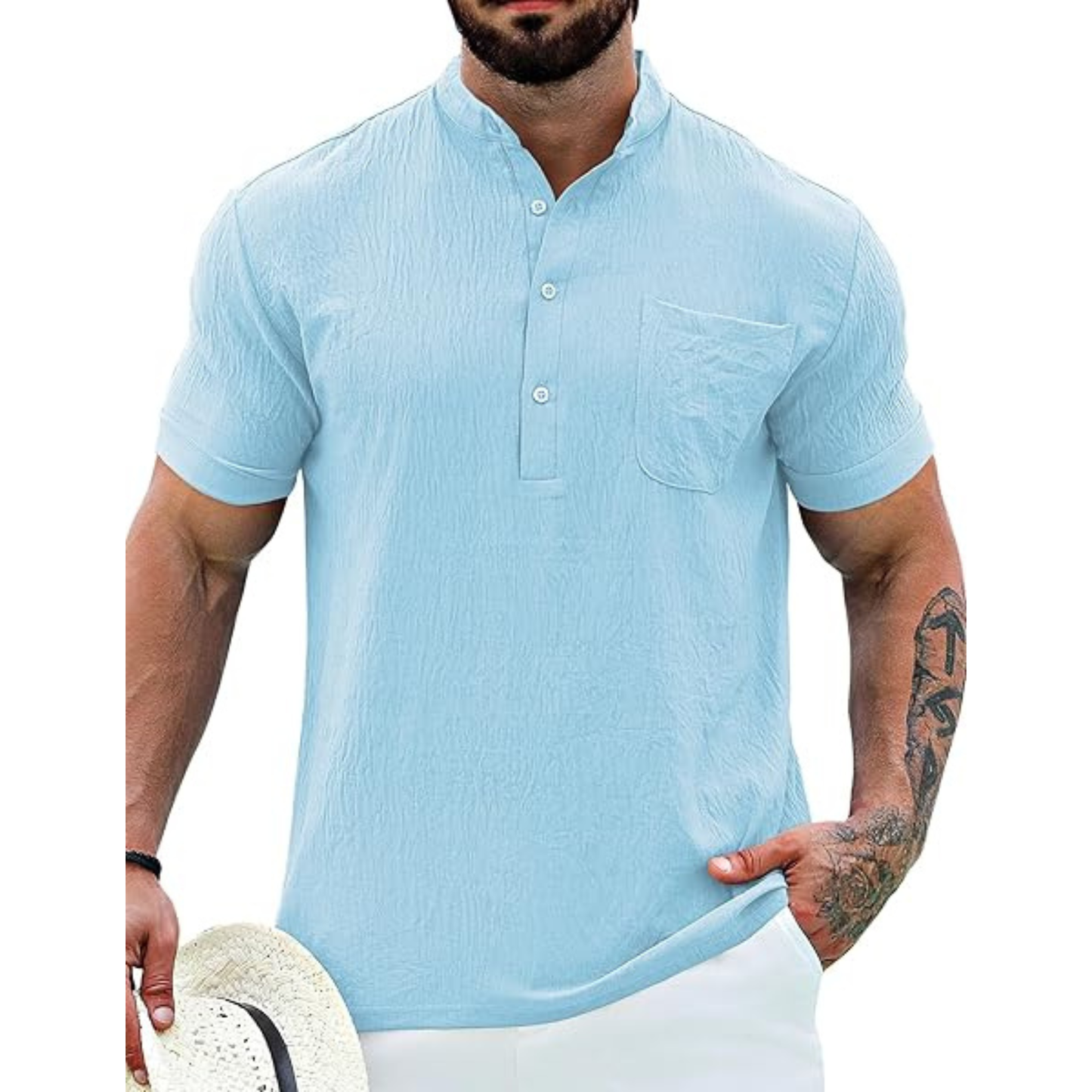 MEN’S CASUAL HENLEY SHIRT BAND COLLAR SHORT SLEEVE SHIRT SUMMER BEACH HIPPIE SHIRT LIGHT BLUE M