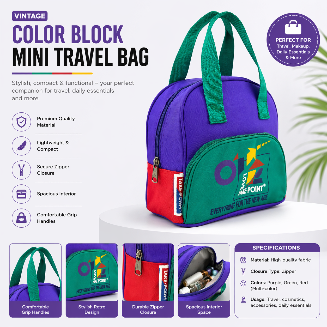 TAKE POINT Retro Style Mini Multi-Purpose Travel Bag Picnic Bag – Durable, Spacious & Trendy Organizer for Food, Makeup, Toiletries & Daily Essentials