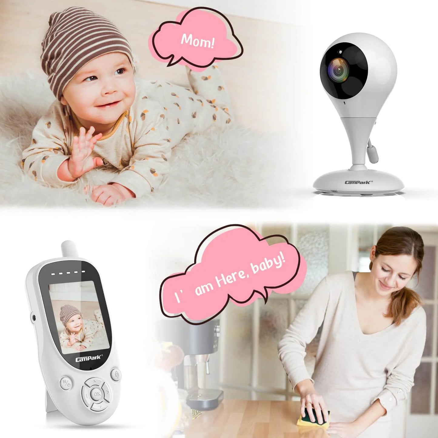 Campark BM20 Baby Monitor, Video Monitor with 2.4'' Display Screen, Moniteur Bébé Camera & 2.4GHz Wireless Transmission,Two-Way Talk,Auto Infrared Night Vision, VOX Mode and Temperature Detection,