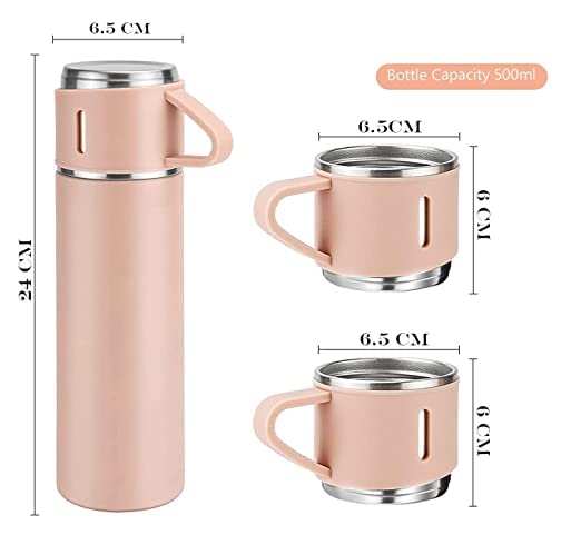 Gift Pack Stainless Steel Vacuum Flask Set with 3 Steel Cups Combo Coffee Hot Drink and Cold Water Flask Ideal Gifting Travel Friendly Latest Flask Bottle for Hot and Cold Drink Flask Bottle 500ml