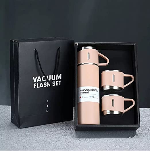 Gift Pack Stainless Steel Vacuum Flask Set with 3 Steel Cups Combo Coffee Hot Drink and Cold Water Flask Ideal Gifting Travel Friendly Latest Flask Bottle for Hot and Cold Drink Flask Bottle 500ml