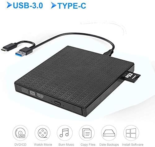 External DVD CD Drive High-Speed USB-C&USB 3.0 CD DVD-RW Player Burner Writer Rewrite Support SD/TF Card/2 USB 3.0 Ports/Charging,Compatible with WriteOS/Windows/MacBook/Laptop/Desktop Computer pc