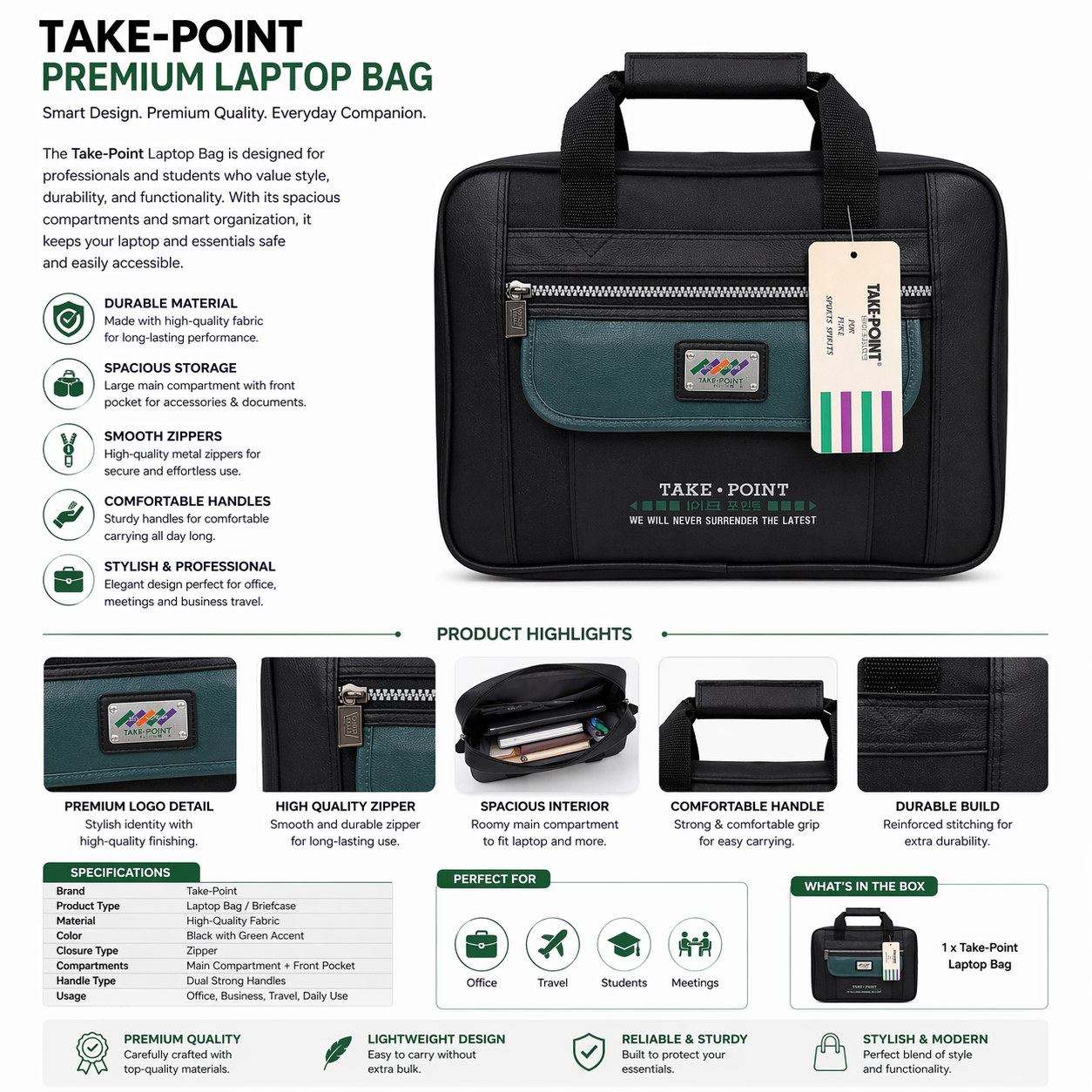 TAKE-POINT Multi-Functional Mini Laptop Briefcase for Men – Stylish Leather Office Bag with Spacious Compartments, Secure Zippers & Comfortable Handle