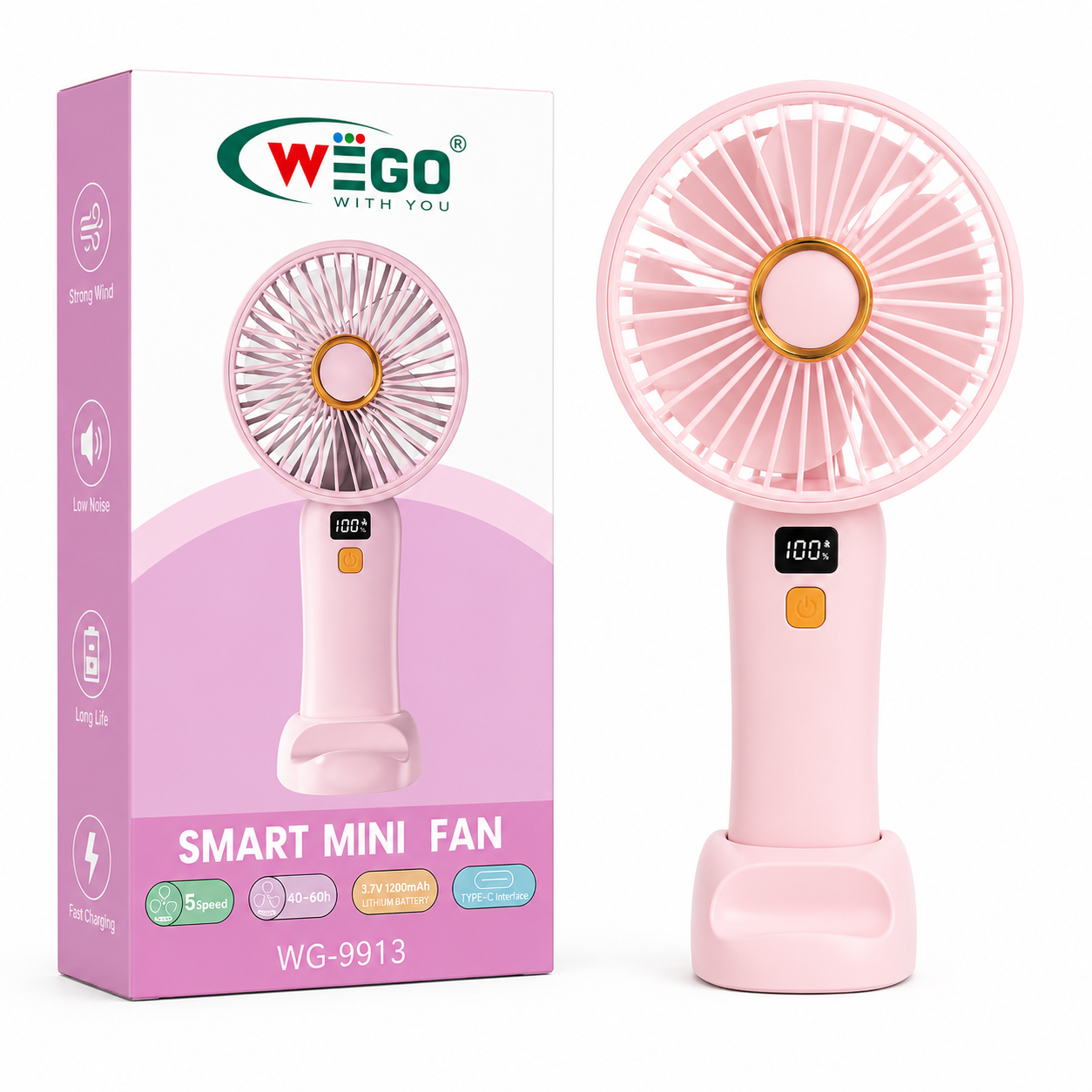 WEGO Smart Mini Portable Handheld Fan WG-9913 – Rechargeable USB Cooling Fan with Digital Display, 5 Speed Modes, Low Noise Operation, Long Battery Life, Fast Charging & Compact Travel Design for Home, Office & Outdoor Use