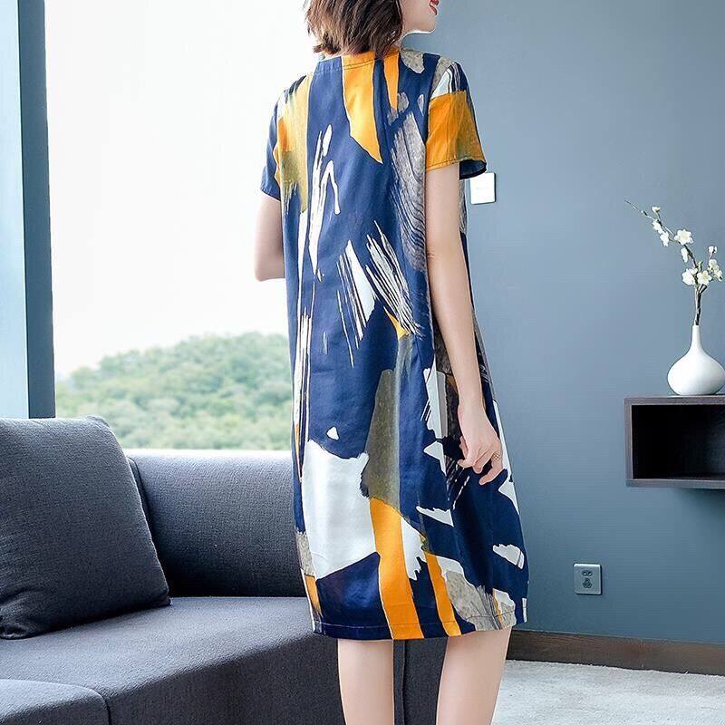 New Women Summer Faux Silk Loose Casual Dress Elegant Office Lady Plus Size O-Neck Dresses Female Vintage