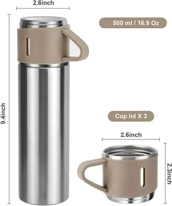 Gift Pack Stainless Steel Vacuum Flask Set with 3 Steel Cups Combo Coffee Hot Drink and Cold Water Flask Ideal Gifting Travel Friendly Latest Flask Bottle for Hot and Cold Drink Flask Bottle 500ml