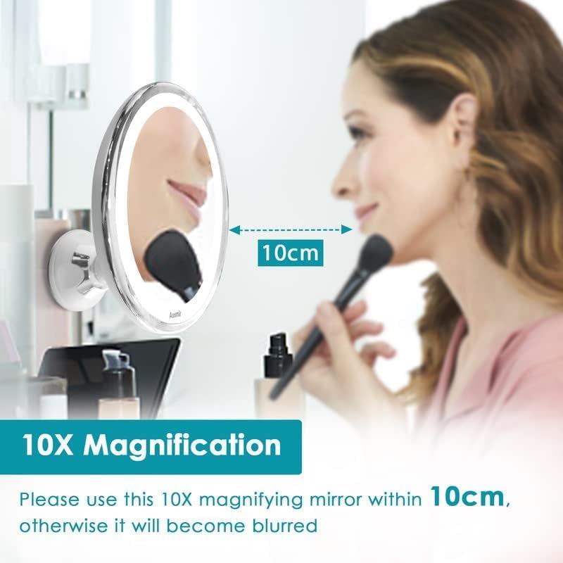 Auxmir 10X Magnifying Lighted Makeup Mirror, Tabletop Vanity Mirror with Daylight LED, 2 Brightness Levels, 170mm Wide 360° Rotating Shaving Mirror with Locking Suction for Home, Bathroom