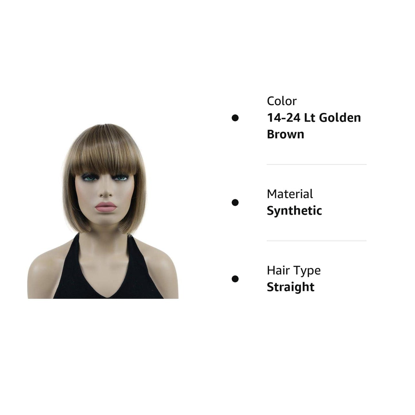 Lydell 8" Straight Short Bob Hair Flat Bangs Cute Central Dot Skin Top Heat Resistant Synthetic Wigs (14-24 Lt Golden Brown)