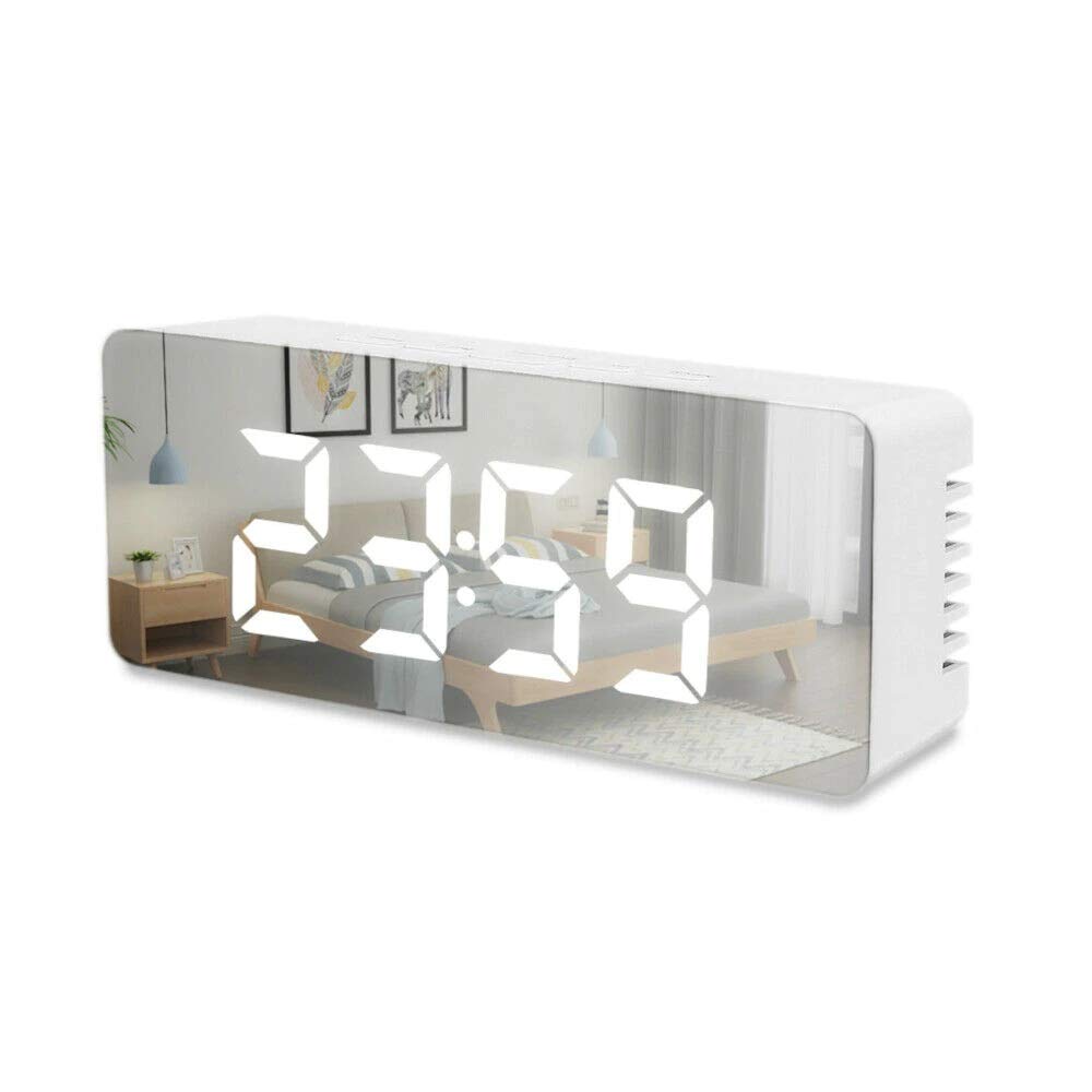 REMUS Battery and USB Powered Digital Mirror Travel Alarm Clock with Large LED Display , Snooze Time Temperature Function (White)