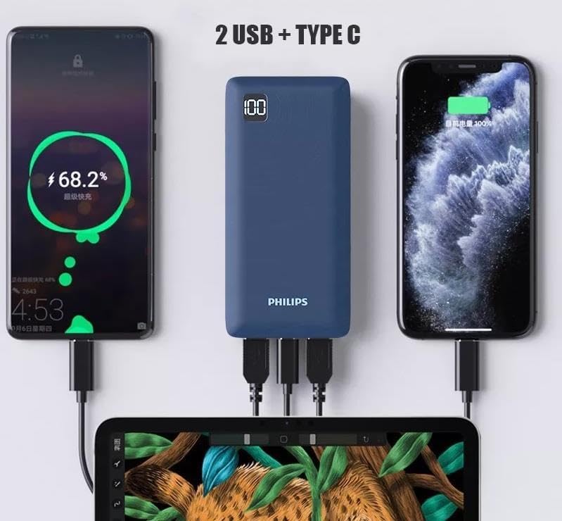 Philips 20000mAh 22.5W Fast Charge and Multi-Output Portable Powerbank - USB and Type-C PD, LED Display - Charge 3 Devices simultaneously