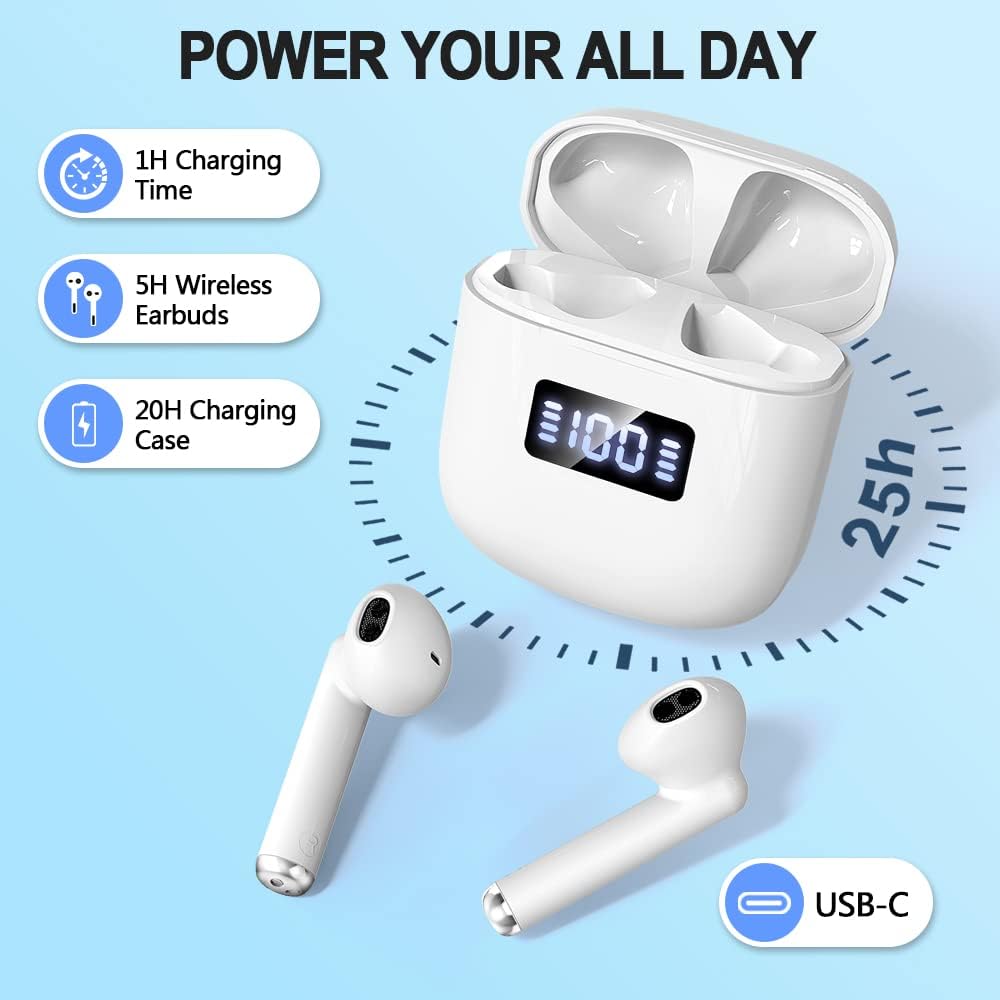 Wireless Earbuds, (Only 1 Side Working) Bluetooth 5.3 Headphones with 4 Mics, Wireless Headphones ENC Noise Cancelling Earbuds, Ear Buds Wireless Bluetooth Earbuds,25H Playtime Wireless Earphones, LED Display, White