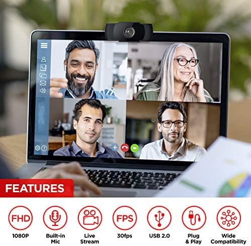 Webcam with Microphone, 1080P HD, Plug & Play, for Video Conferencing, Recording, and Streaming, USB Computer Web Cam, Laptop, Desktop, Gaming PC, Mac, Skype, YouTube, Zoom, Facetime