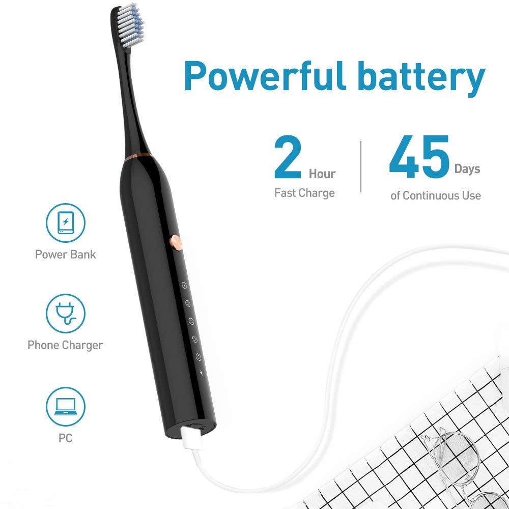 Sonic Electric Toothbrush for Adults, with 2 Replacement Brush Tip,Soft Dupont Nylon Bristles,Switchable 5 Vibration Modes,USB Rechargable,30 Days Long Standby