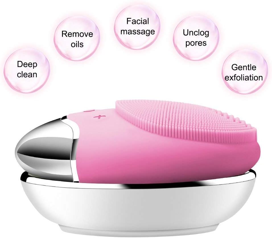 Sonic Silicone Facial Cleansing Brush - Electric Face cleaner Scrubber Massager for Gentle Exfoliating, Deep Cleanse, Skin Care - IPX7 Waterproof and Rechargeable (Pink)