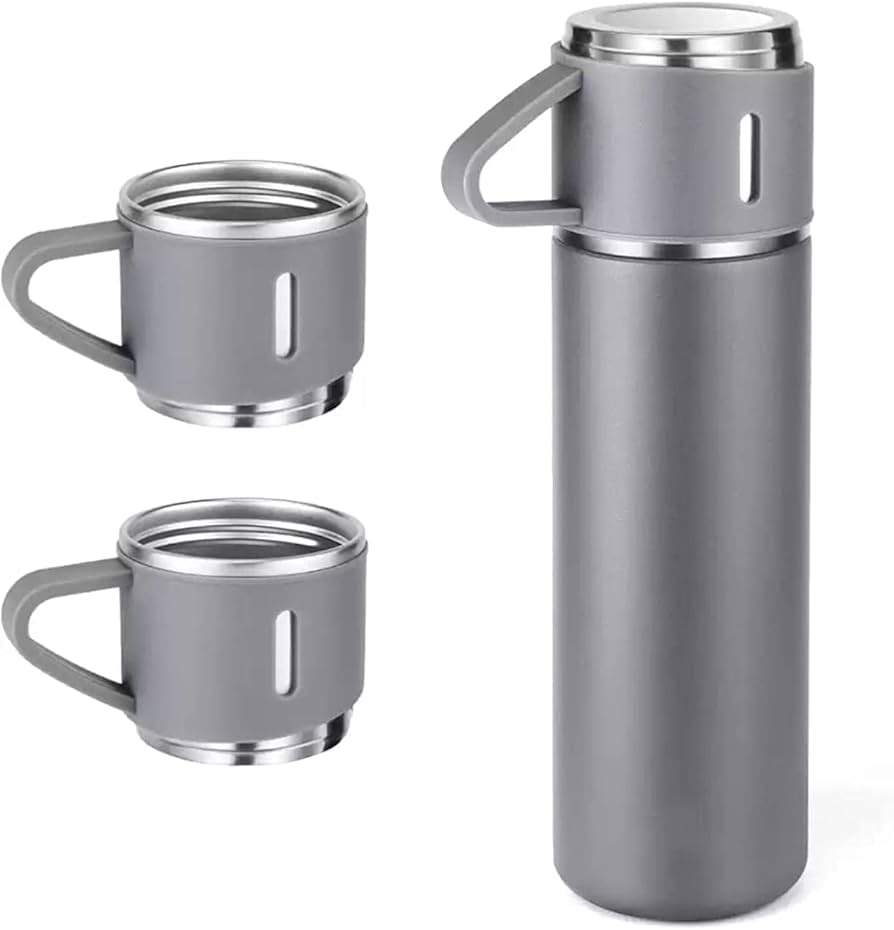 Gift Pack Stainless Steel Vacuum Flask Set with 3 Steel Cups Combo Coffee Hot Drink and Cold Water Flask Ideal Gifting Travel Friendly Latest Flask Bottle for Hot and Cold Drink Flask Bottle 500ml