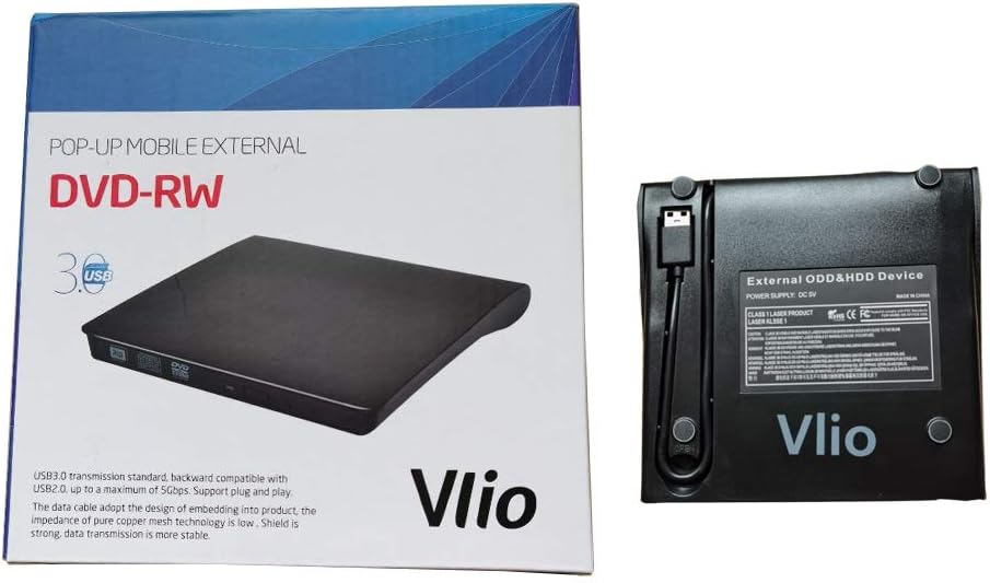 vlio External CD DVD Drive, USB 3.0 Portable Slim CD DVD +/-RW Drive Player Burner Writer Reader Rewriter, Optical DVD Drive for Macbook, Laptop, Desktop, Windows 7/8/10/XP/Vista/Mac OS