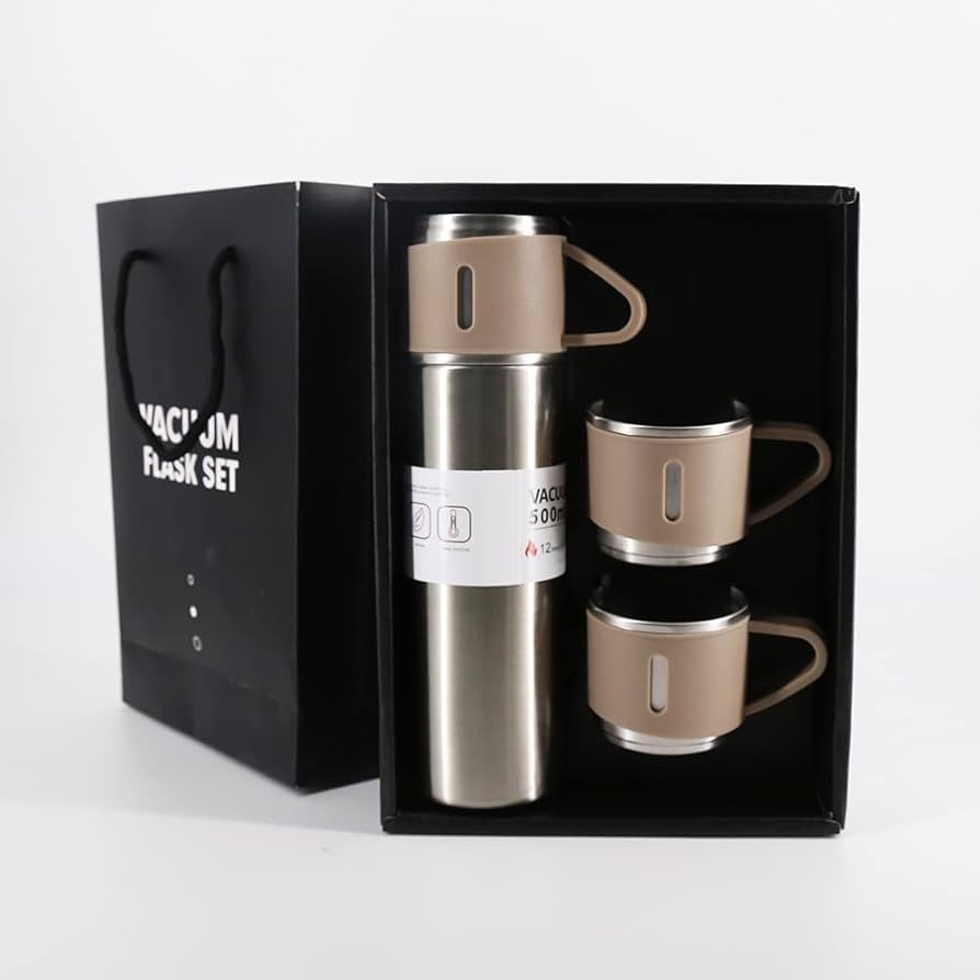 Gift Pack Stainless Steel Vacuum Flask Set with 3 Steel Cups Combo Coffee Hot Drink and Cold Water Flask Ideal Gifting Travel Friendly Latest Flask Bottle for Hot and Cold Drink Flask Bottle 500ml