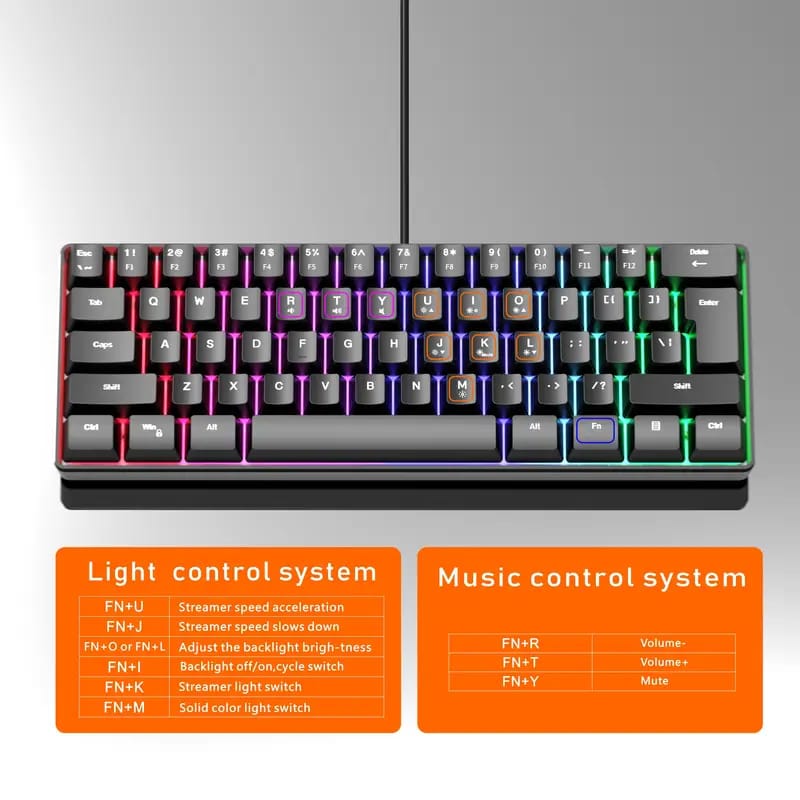 Black RGB Colorful Luminous Gaming Keyboard Mini 60% Scale 61 Keys Translucent USB Keyboard Suitable For Desktop Computer Laptop All-in-one Multiple Systems Multiple Games