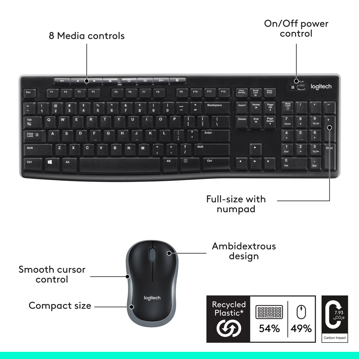 Logitech K270 Wireless Keyboard with RF Wireless Connectivity, USB Receiver Interface, Full-Size Layout, Durable Design, Plug-and-Play Setup, Compatible with Windows PC, Desktop Computer, Laptop – Black