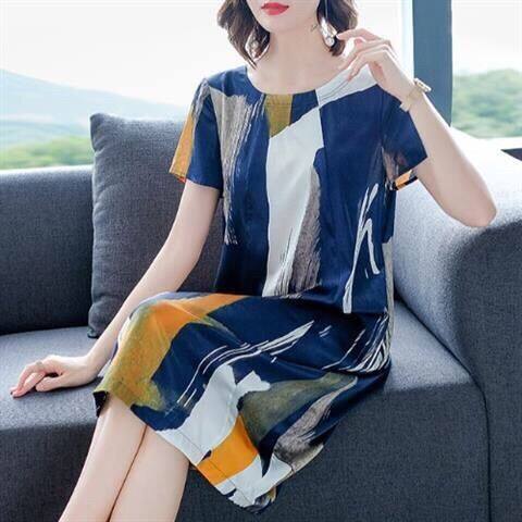 New Women Summer Faux Silk Loose Casual Dress Elegant Office Lady Plus Size O-Neck Dresses Female Vintage