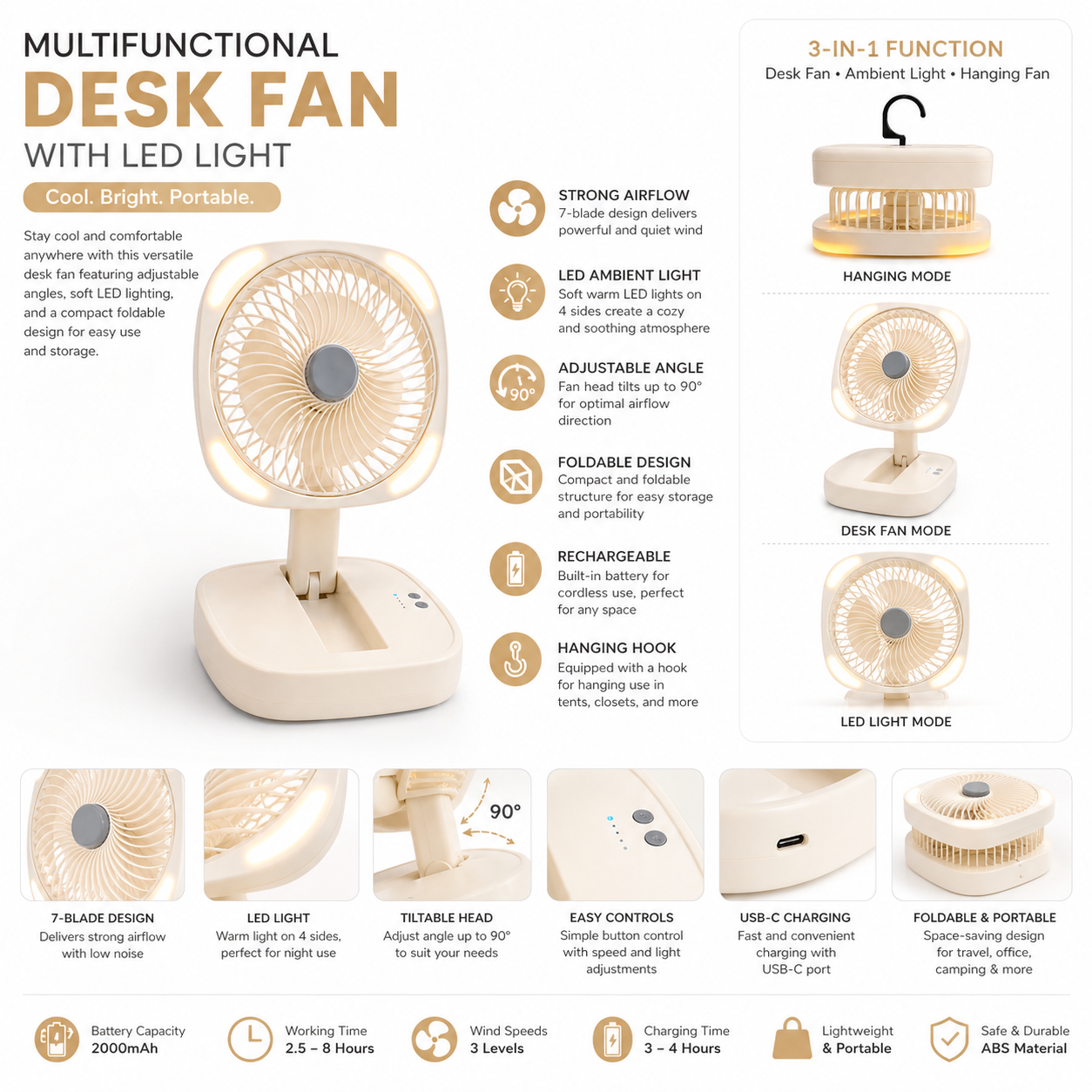 Portable Desk Fan, USB Rechargeable Quiet Fan Oscillating Table Fan with 4 LED Light, Air Circulator Personal Foldable Cooling Fan with 3 Speeds for Home Office Bedroom