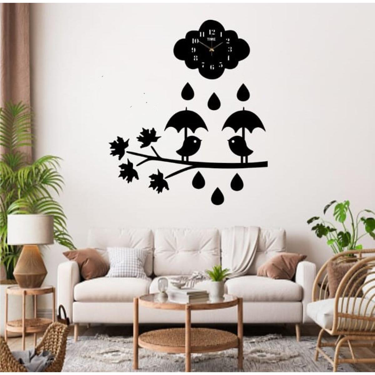 Birds on Tree under Rainy Sky 3D DIY Wooden Wall Clock Quartz Watch Laser Cut Design Decoration Piece for Girls Room, Home Decor and Living Room and for Gift Items