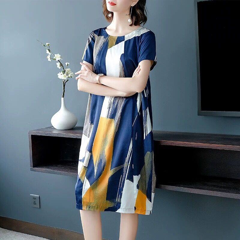 New Women Summer Faux Silk Loose Casual Dress Elegant Office Lady Plus Size O-Neck Dresses Female Vintage