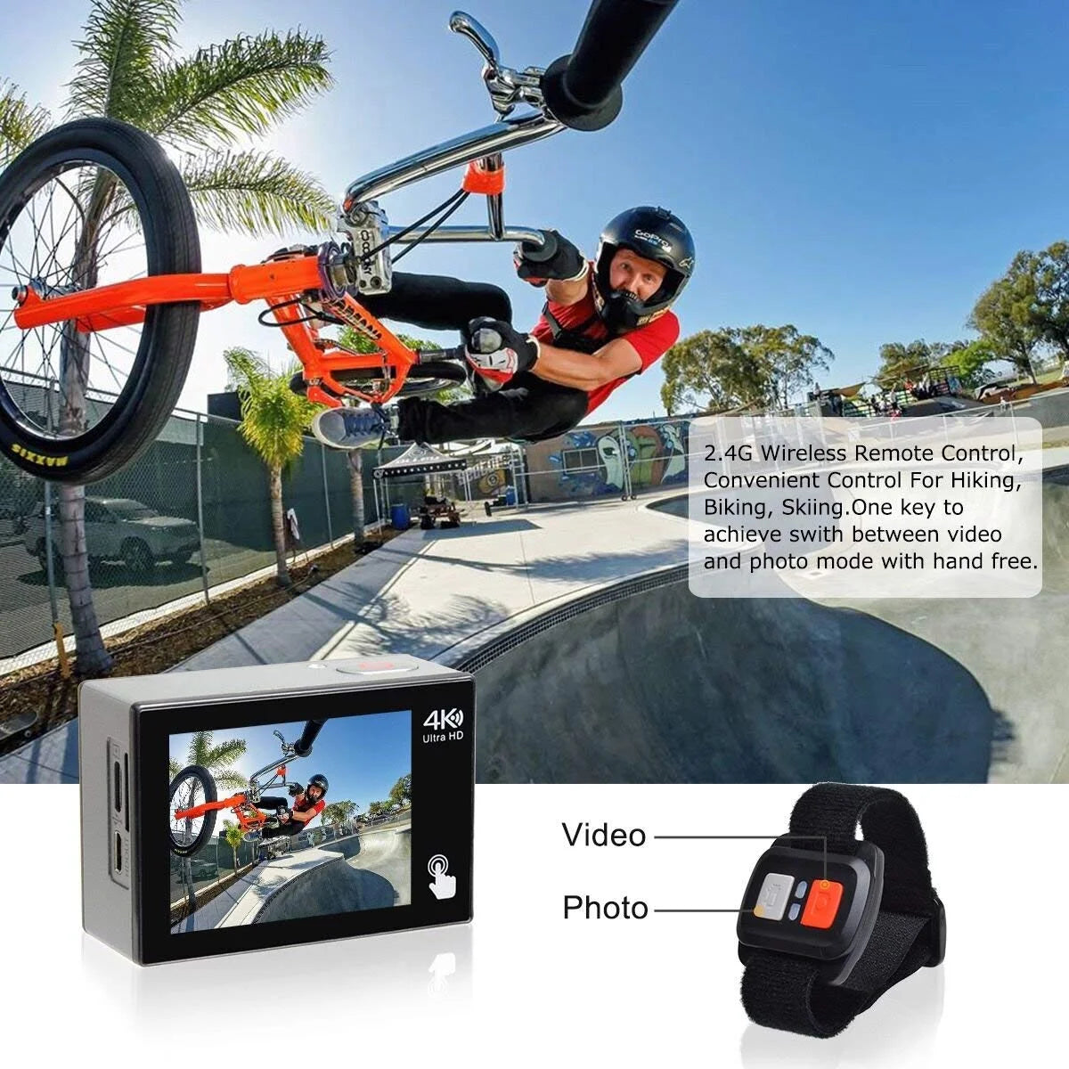 Camark X20C Action Camera Native 4K Ultra HD 20MP with EIS Stabilization Touch Screen, Digital Remote Control Waterproof Camera 40M 2 Batteries and Professional Accessories, Black