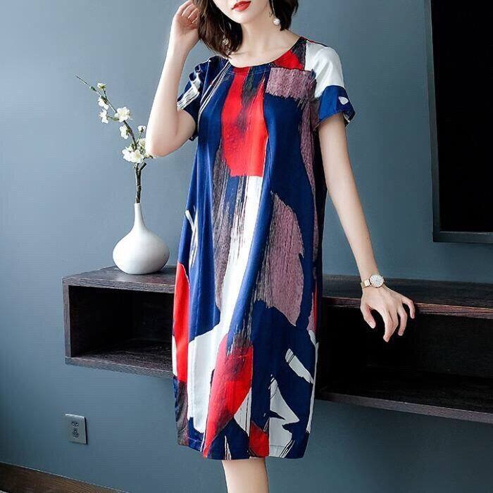 New Women Summer Faux Silk Loose Casual Dress Elegant Office Lady Plus Size O-Neck Dresses Female Vintage