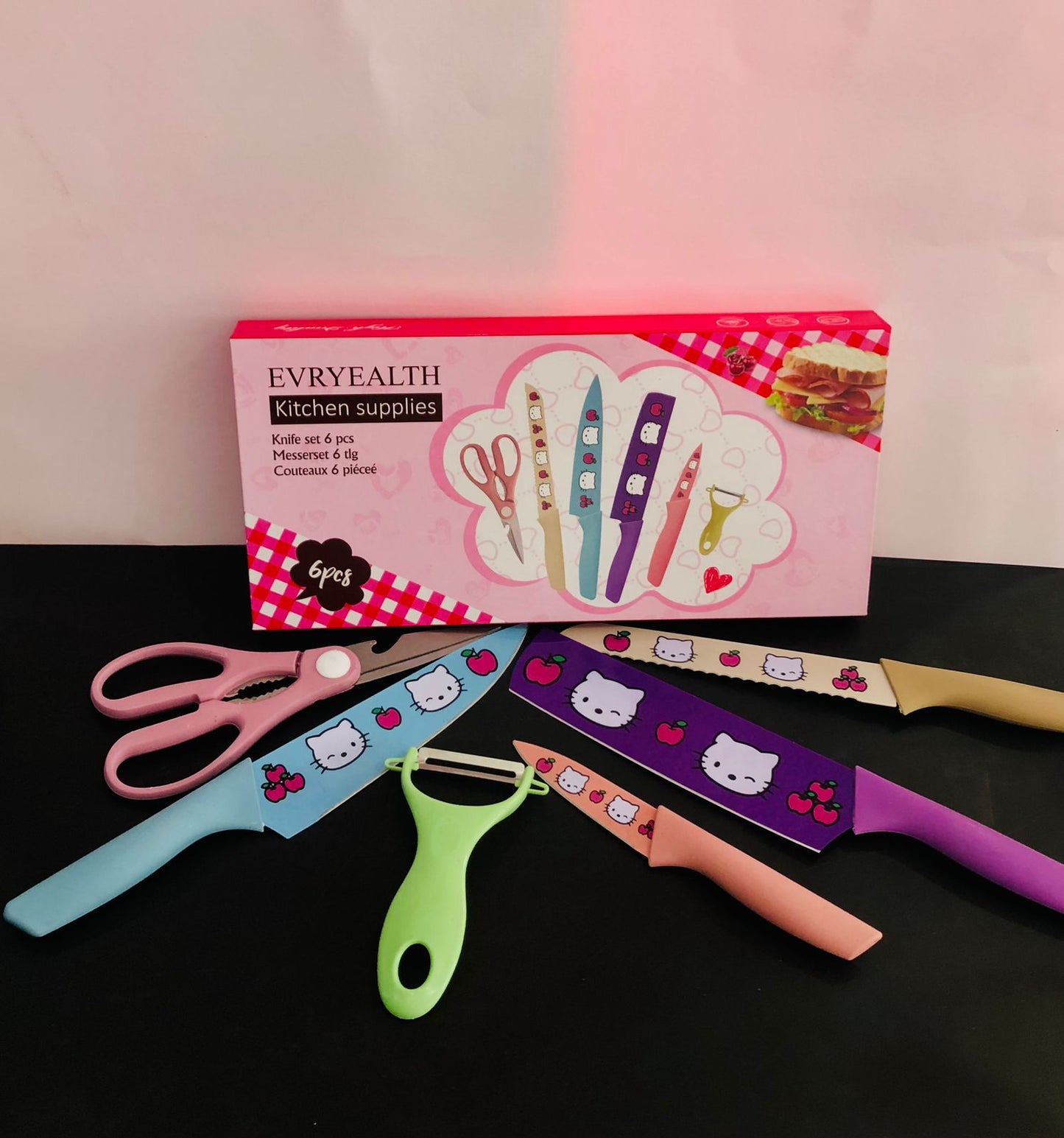 Hello Kitty Knife Set 6pcs Multi-Functional, Cute Fruit Knife, Home Portable Ceramic Knife and Fruits Peeler, Pairing Set for Girls/Adults