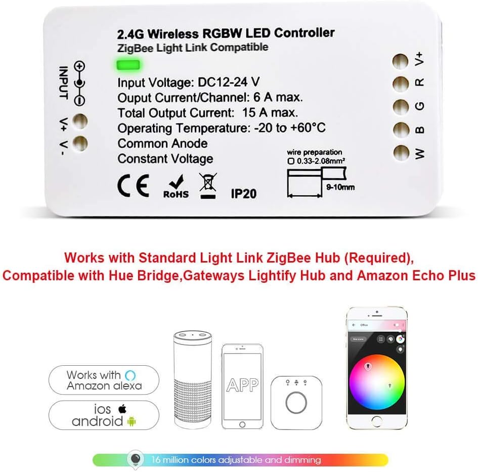 Gledopto RGBW Zigbee Controller Plus Version LED Strip Controller Smart Dimmer Compatible with Alexa,Philips Hue,Google Home and Many Other Zigbee Certified hubs, for DC12-24V LED Strip Lights