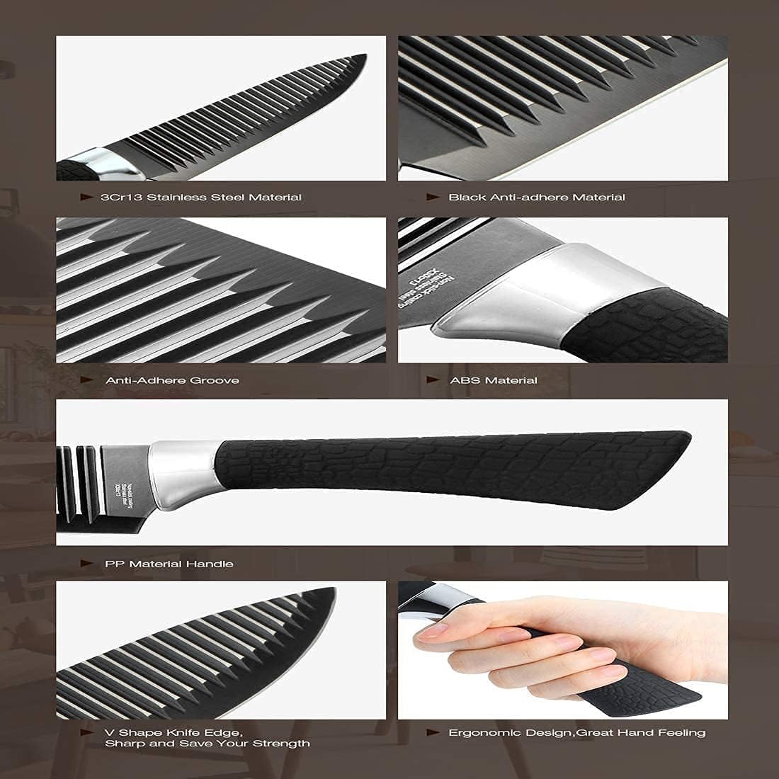 EVERIERH 6 Pieces Black Knife Set, Stainless Steel and Non-Stick Blades, Including Peeler and Scissor, Kitchen Cutlery Knives Set, Cooking Utensil Sets, Daily Use with Gift Box