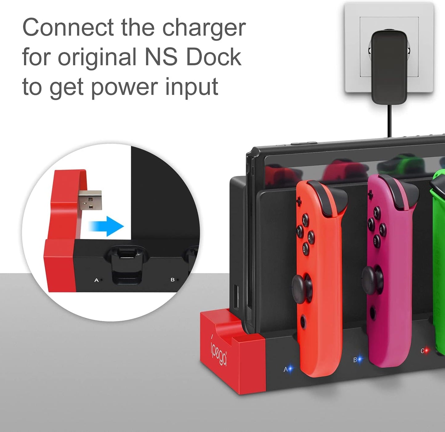 ipega Charger for Switch &Switch OLED Joy Cons Controllers, Charging Dock Base Station for Nintendo Switch Joycons with Indicator, Charger Station Stand for Joy Cons