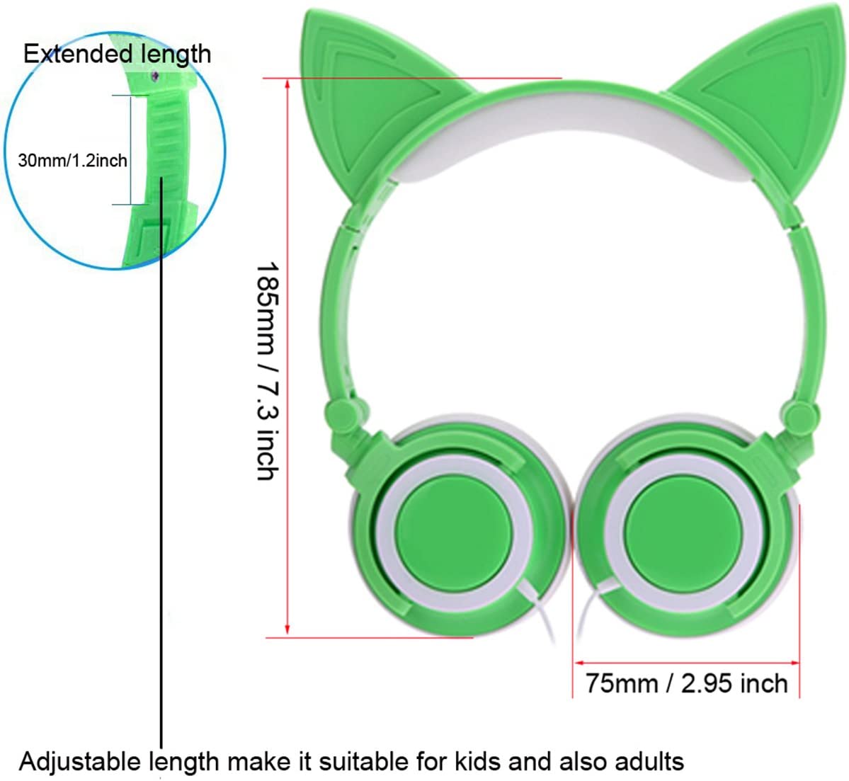 Olyre Kids Headphones with LED Light Up, Cute Cat Ear Earphones for Girls Teens Adults, Stereo Adults Headphone with 3.5mm Jack for iPad Tablet Computer Mobile Phone (Green)