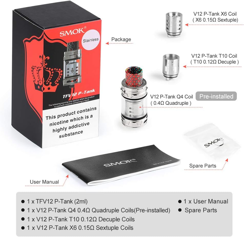 Official SMOK TFV12 Prince Tank (P-Tank 2ml) Atomiser for E Cigarettes, Sub Ohm Cloud Vaping, 3 Coils V12 Prince-Q4 0.4ohm, X6 0.15ohm, T10 0.12ohm, Cobra Resin Driptip, No Nicotine - Sliver