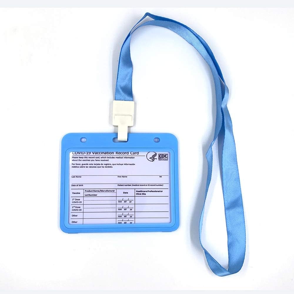 Card Holder Card Protector 4 X 3 Inches with Lanyard Horizontal Style Transverse Double Side Clear PP Plastic Sleeve Badge Card Holder (Light Blue,1 Pack)