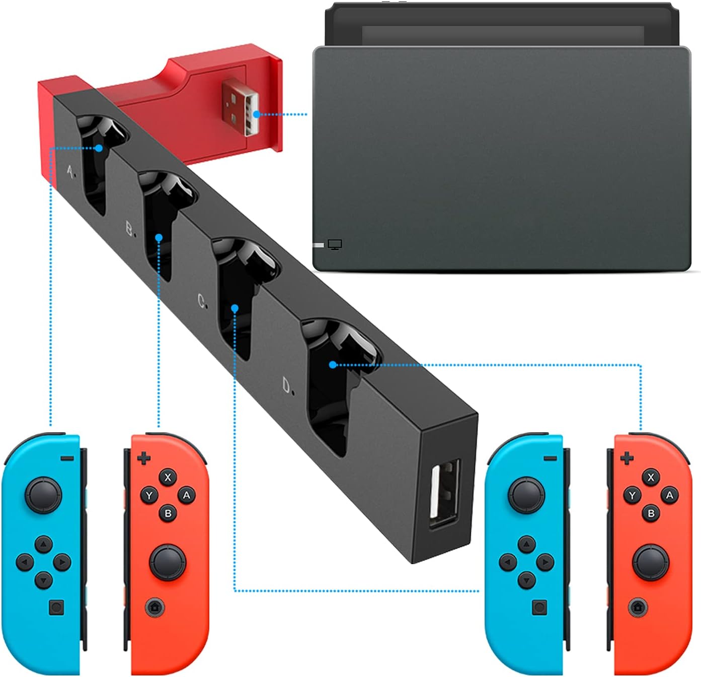 ipega Charger for Switch &Switch OLED Joy Cons Controllers, Charging Dock Base Station for Nintendo Switch Joycons with Indicator, Charger Station Stand for Joy Cons