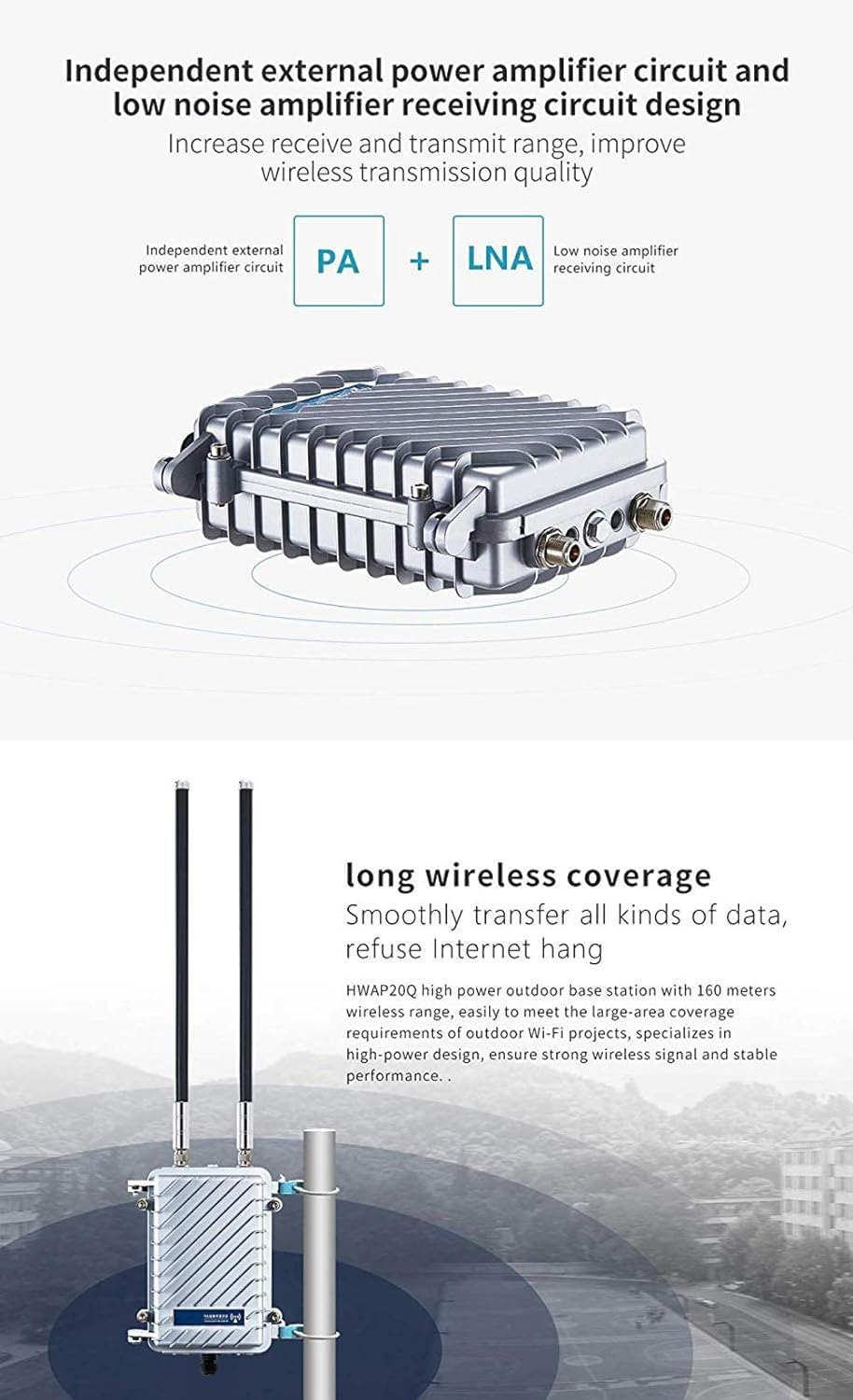 KuWFi Outdoor WiFi Access Point, High Performance 2.4G 300Mbps Waterproof Outdoor Base Station with 2 Antennas Support Wireless AP/WiFi Repeater