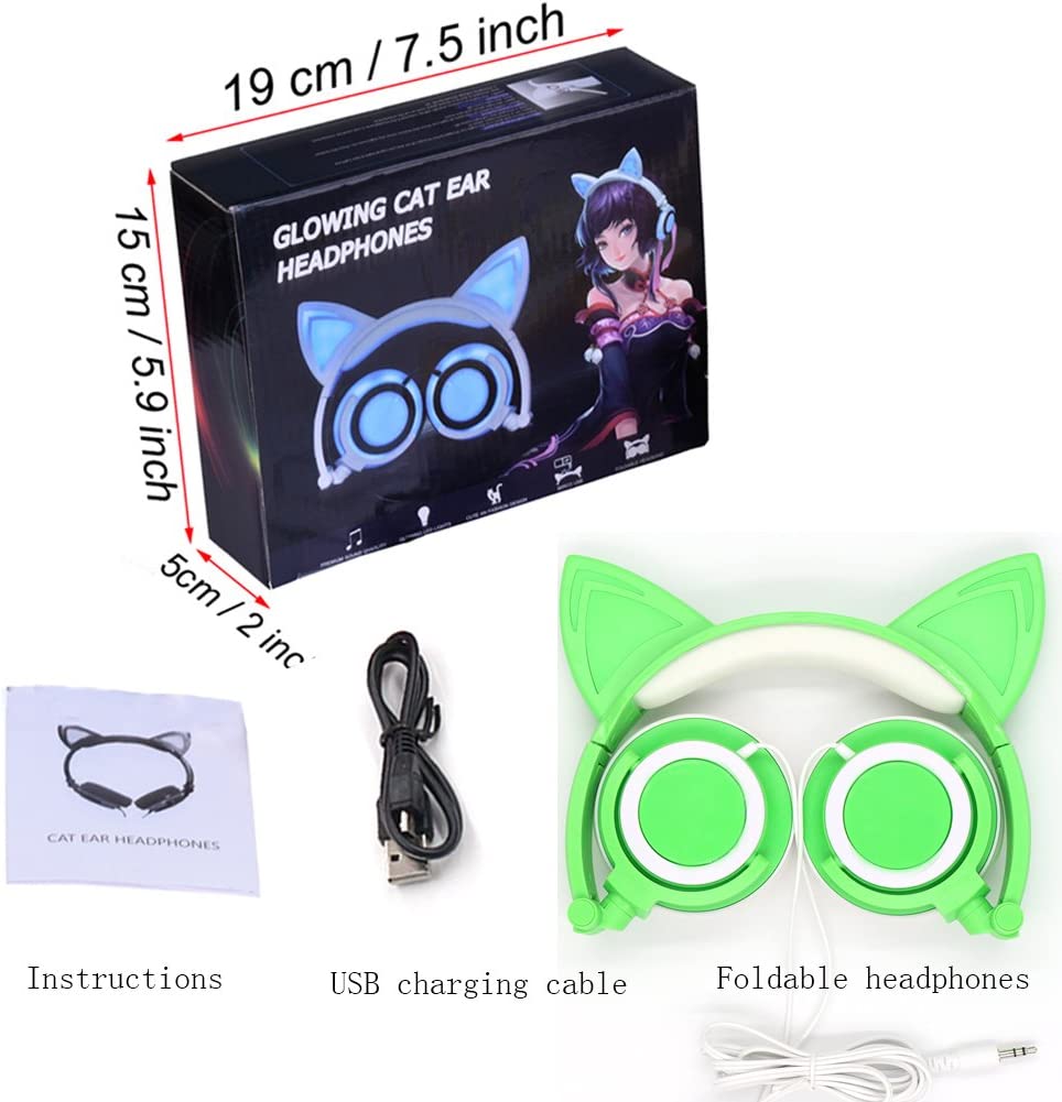 Olyre Kids Headphones with LED Light Up, Cute Cat Ear Earphones for Girls Teens Adults, Stereo Adults Headphone with 3.5mm Jack for iPad Tablet Computer Mobile Phone (Green)