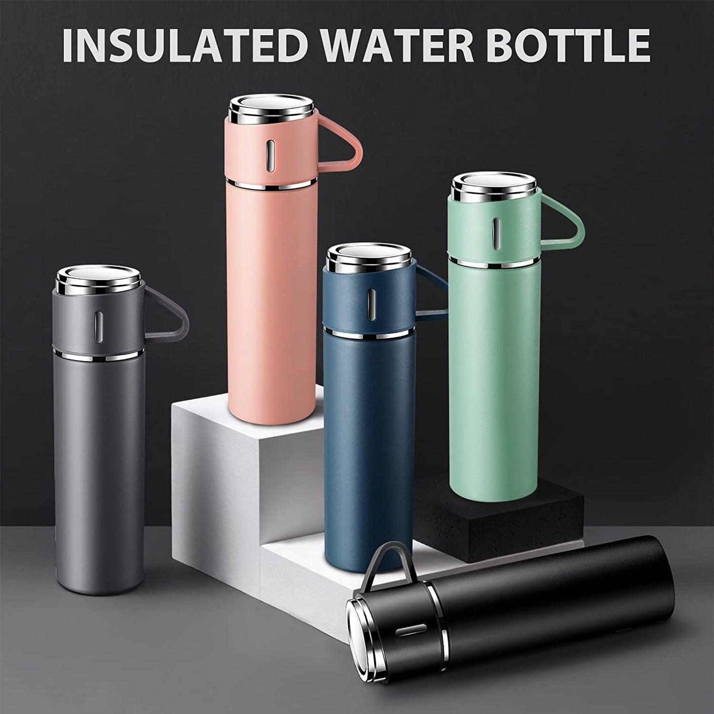 Double Wall Vacuum Bottles  Stainless Steel Water Bottle, Thermos Leak Proof, Built in Cup  Insulate Travel Mug, Hot & Cold Water Bottles 12 hrs Hot & 6 Hrs Cold (Multicolour) (500 ml)