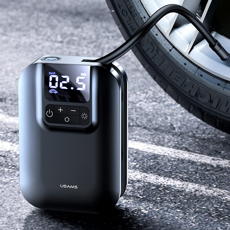 USAMS Inflator Pump Car Air Compressor Digital Tire Pressure Detection 5000mAh Portable Auto Tire Pump for Car Bike Motorcycle