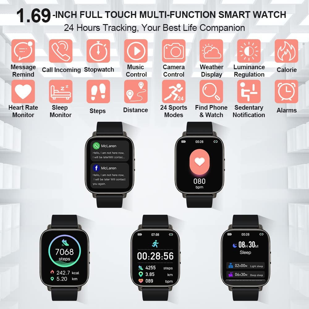 Smart Watch Men Women, Smart Watch 1.69" Smart Watch with Pedometer Sleep Heart Rate Monitor, IP68 Waterproof, 24 Sports, Message Notifications, Motast Fitness Tracker for Android iOS [Energy Class A+++ ]