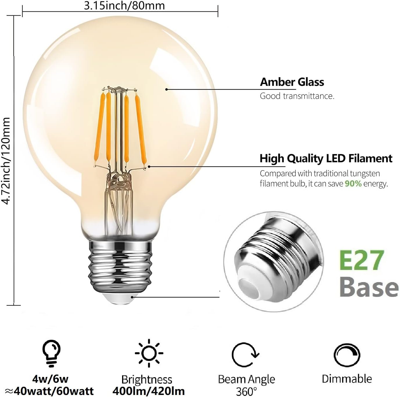 TopLeder E27 Edison Light Bulbs 4 Pack, Dimmable E27 Screw Bulb Vintage LED Bulb, 400LM 2700K Warm White 4W (40W Incandescent Equivalent), G80 Amber Glass Old Fashioned Style Globe Retro Spiral Bulb [Energy Class A+]