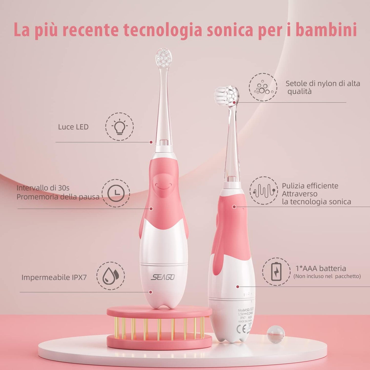 Seago SG-513 Electric Sonic Toothbrush for Children from 0 to 3 Years LED Light Smart Timer Sound Baby Toothbrush Waterproof IPX7 Children's Toothbrush (Sonic Toothbrush + 4 x Replacement Brushes,