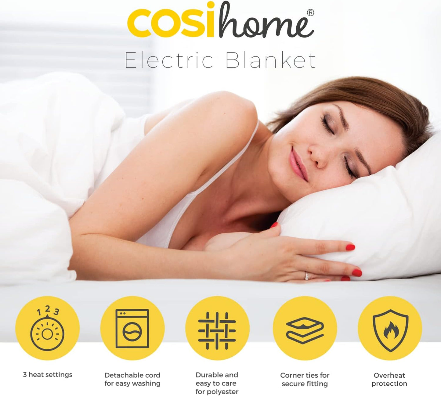 Cosi Home Premium Comfort Double Electric Blanket - Control with 3 Heat Settings, Polyester, White