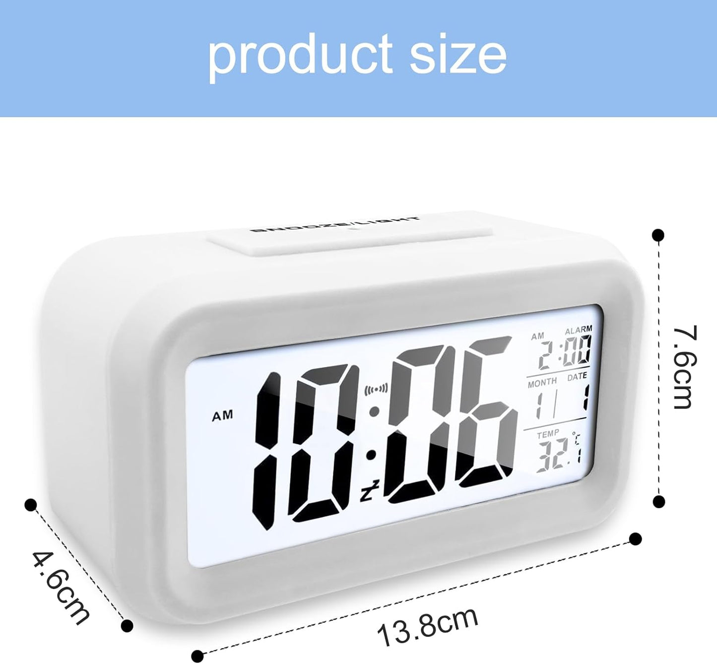 Diompirux White Digital Travel Alarm Clock, Night Light, LCD Digital Alarm Clock with Temperature Snooze Function, AAA Battery Operated Alarm Clock (Batteries Not Included), for Bedroom, Desk, Travel