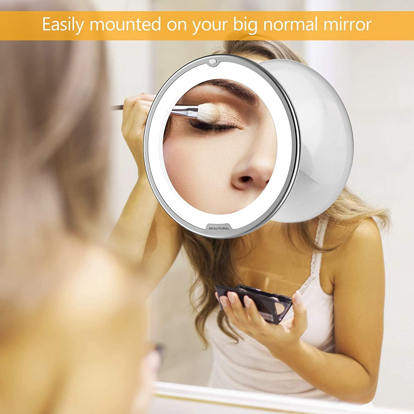 Beautural Makeup Mirror, 10X Magnifying Lighted Vanity Daylight White LED, Portable Illuminated Bathroom Mirror, 360 Degree Swivel Rotation and Locking Suction, framed, ?Round, Wall Mount