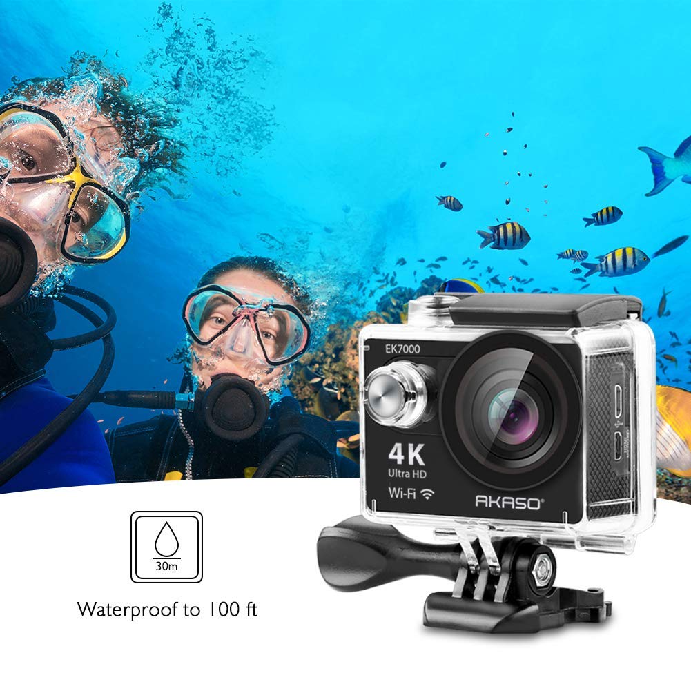 AKASO EK7000 4K WiFi Action Camera 30M Underwater Waterproof Camera 170° Wide Angle Sports Camera with 2 Batteries and Helmet Accessories Kit