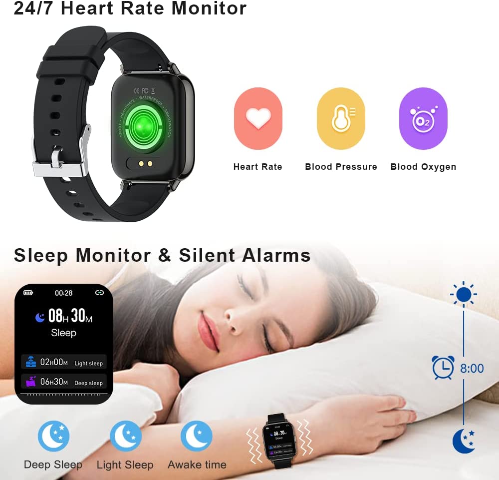 Smart Watch Men Women, Smart Watch 1.69" Smart Watch with Pedometer Sleep Heart Rate Monitor, IP68 Waterproof, 24 Sports, Message Notifications, Motast Fitness Tracker for Android iOS [Energy Class A+++ ]